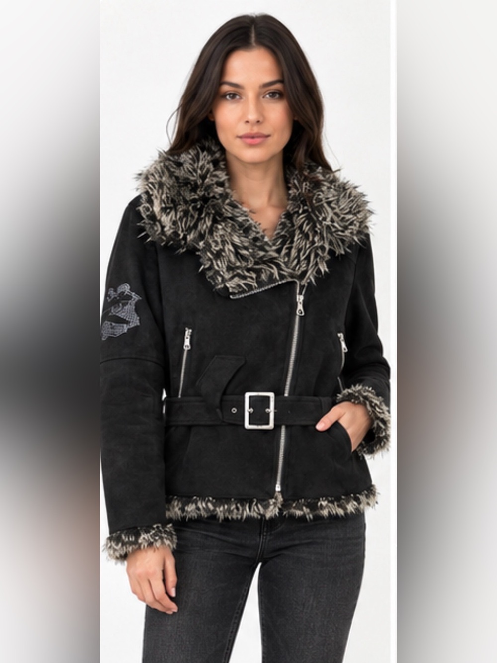 Parasuco Y2K Black Faux Suede Fur Trim Biker Jacket M